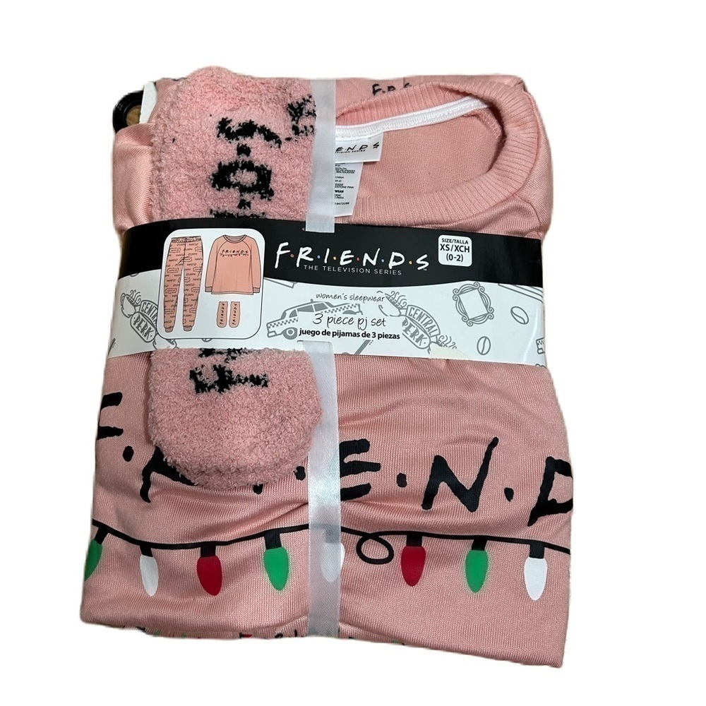 FRIENDS 3 Piece Christmas Pajama Set NEW Socks Shirt Pants Pink Lights